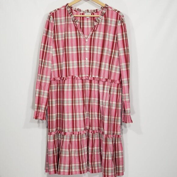 J Crew  Re-Imagined  Pink Plaid Tiered Ruffled Long Sleeve Dress Plus Size 20 - Picture 1 of 7